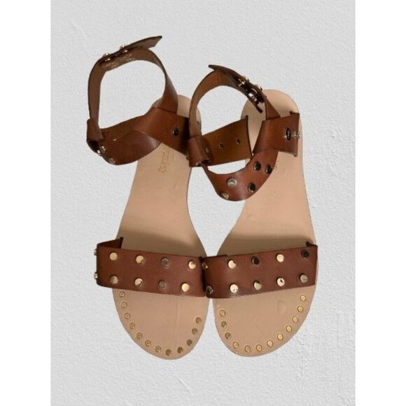 Russell Bromley London Ankle Sandals Brown Leather Gold Coin Greek Style - Picture 2 of 13